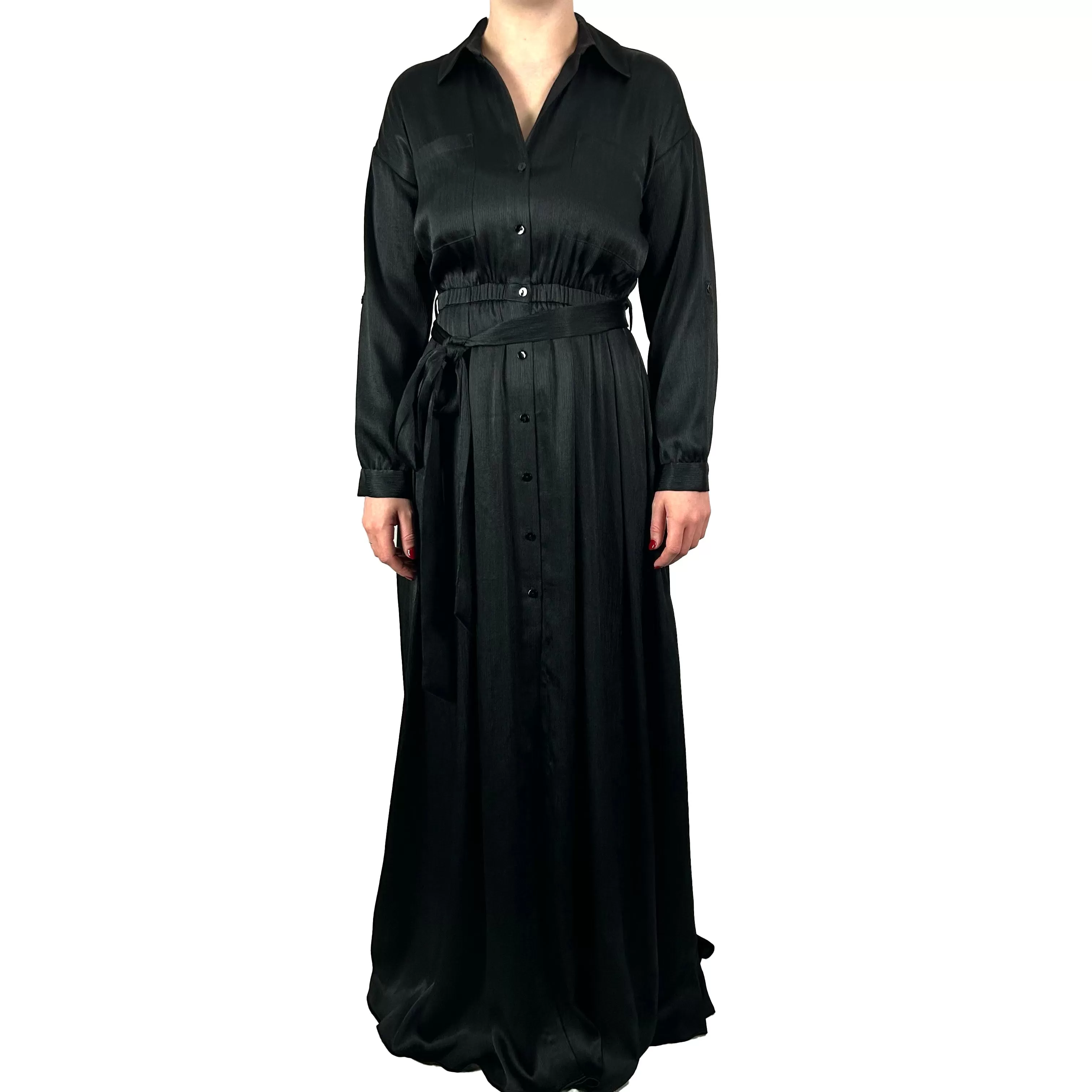 L'Agence Brand New Black Plisse Satin Maxi Shirtdress XXS/XS/S