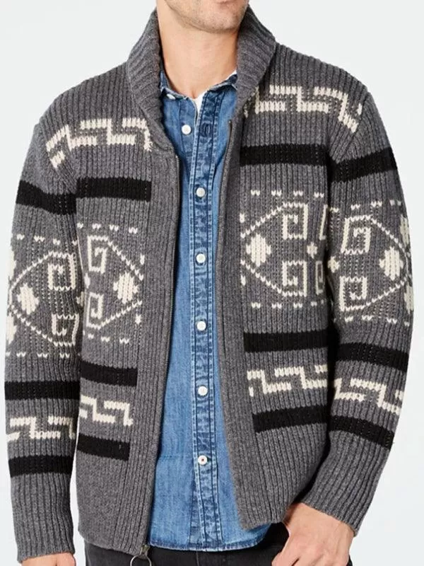 Lapel Jacquard Men Cardigan Sweater