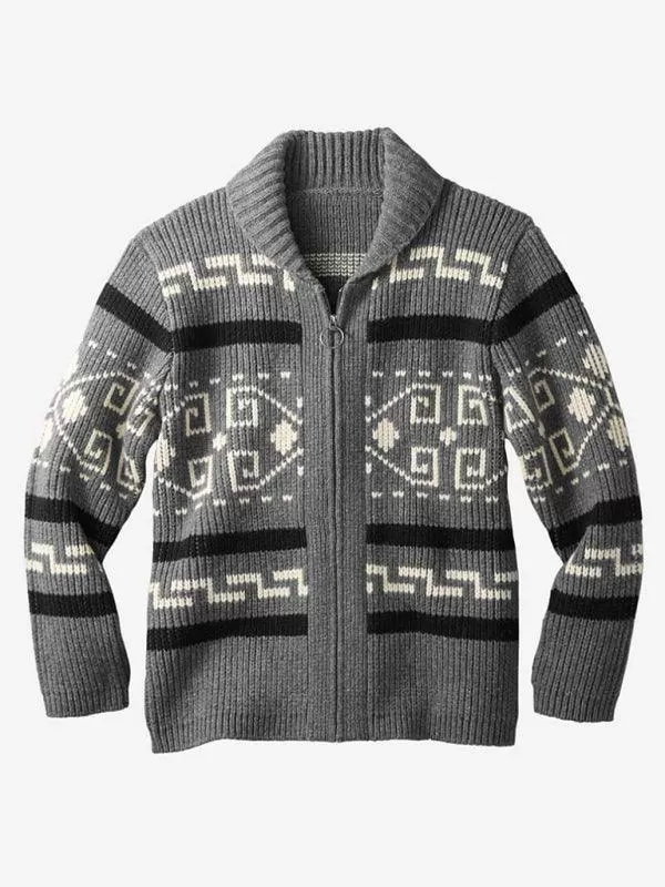 Lapel Jacquard Men Cardigan Sweater