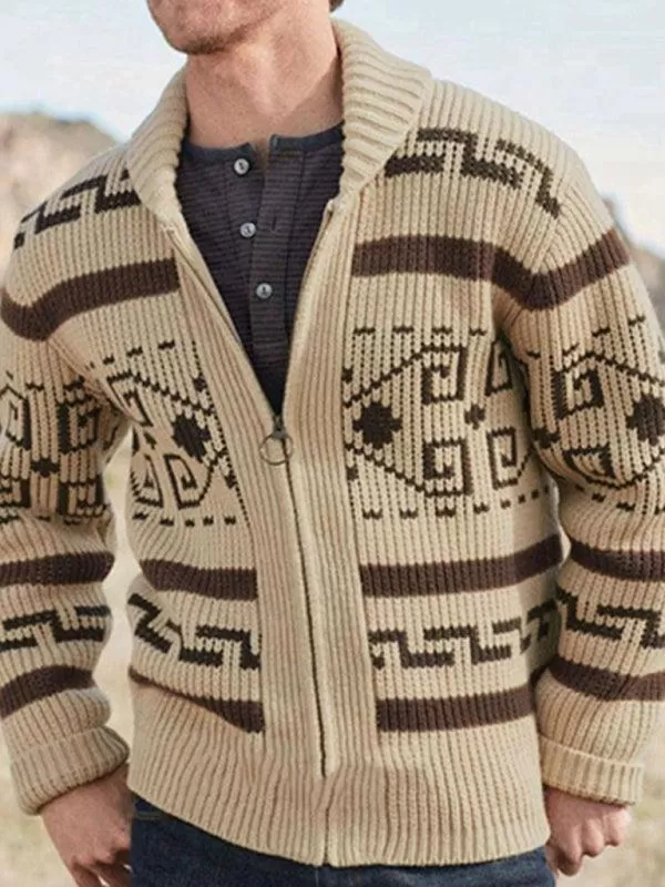 Lapel Jacquard Men Cardigan Sweater