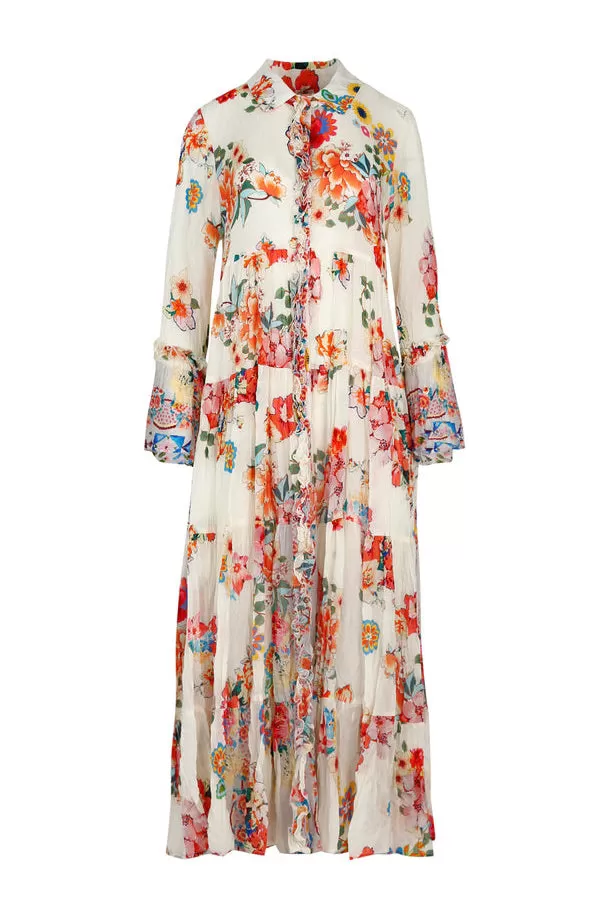 Long For You Floral Print Cream LS Tiered Maxi Dress