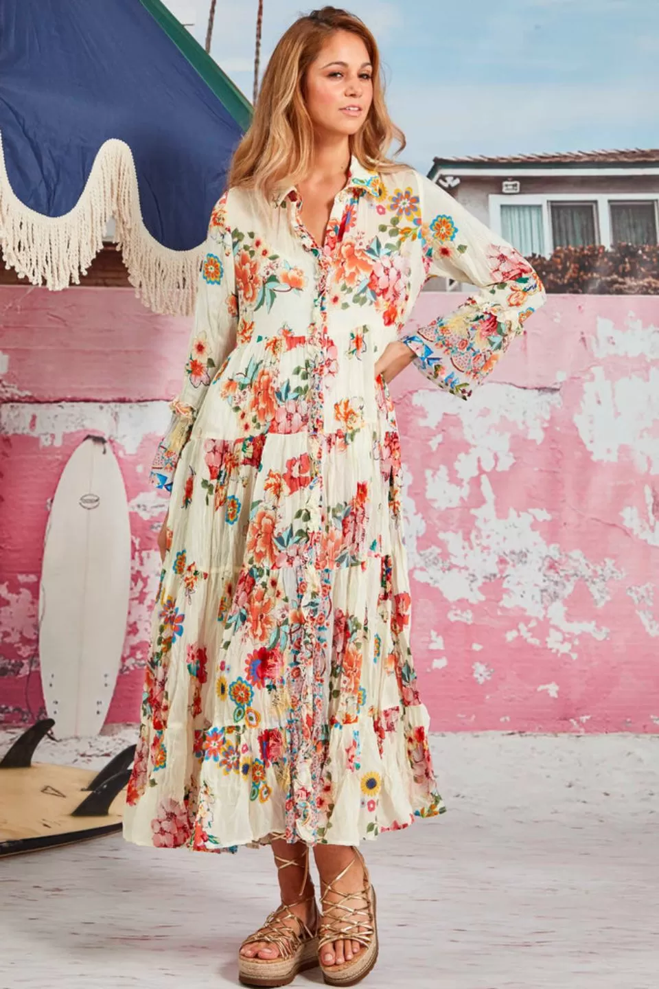 Long For You Floral Print Cream LS Tiered Maxi Dress