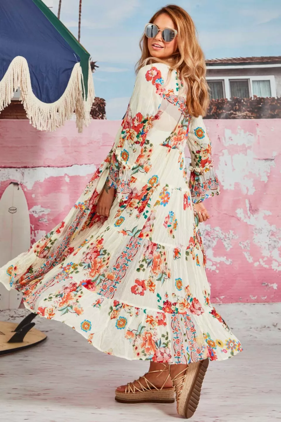 Long For You Floral Print Cream LS Tiered Maxi Dress