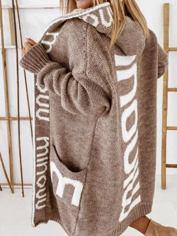 Long Hooded Letter Print Women Cardigan