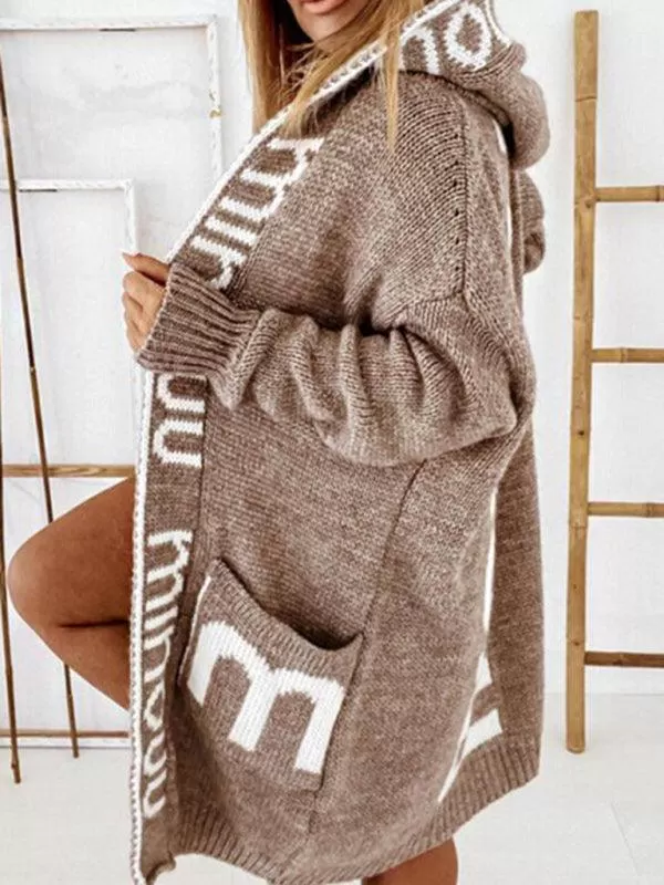 Long Hooded Letter Print Women Cardigan