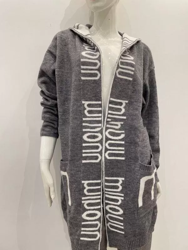 Long Hooded Letter Print Women Cardigan