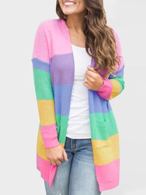 Loose Contrasting Striped Knit Cardigan Sweater