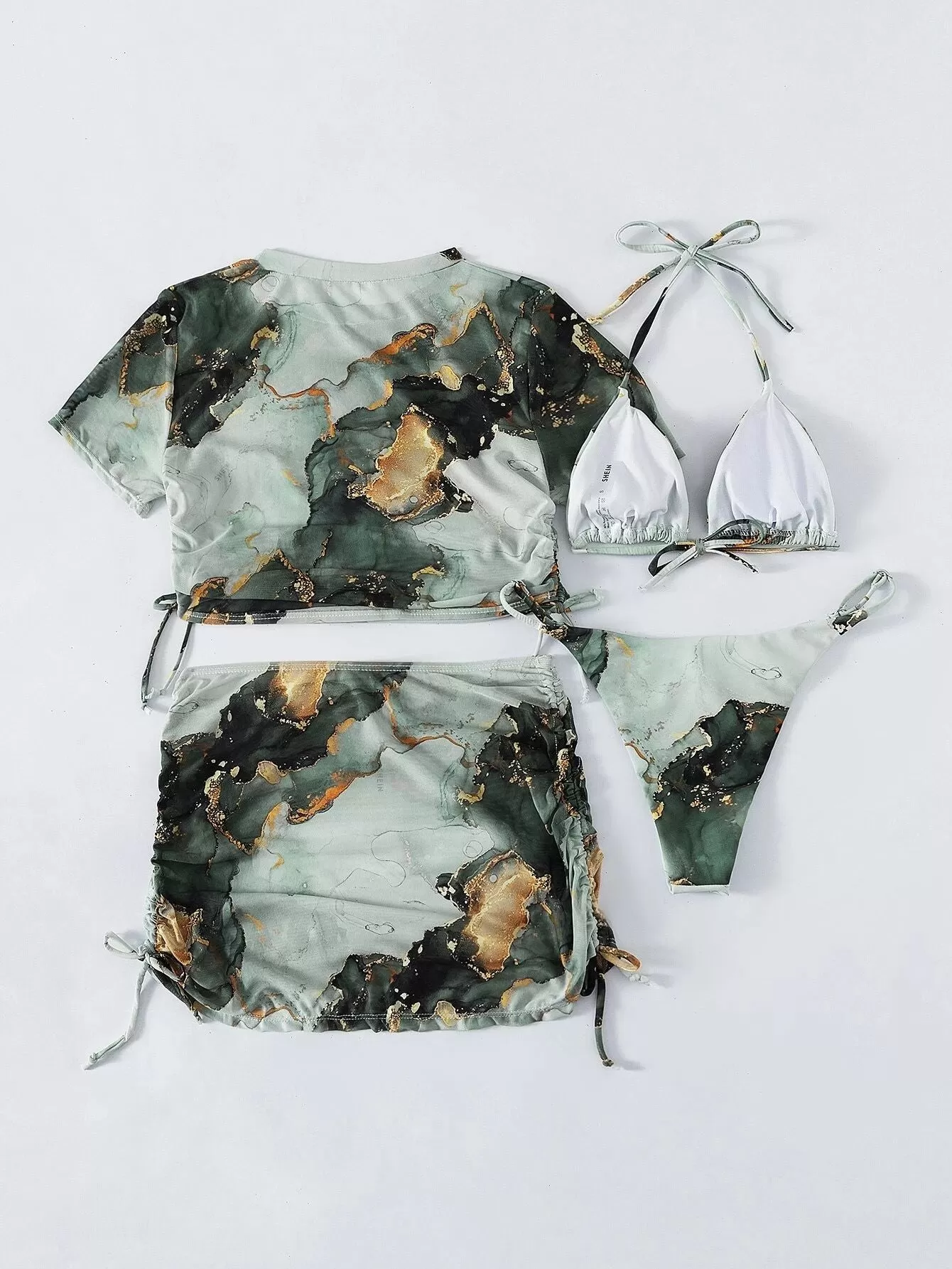 Marble Mist – 4er-Pack Neckholder-Bikini-Set mit Überrock