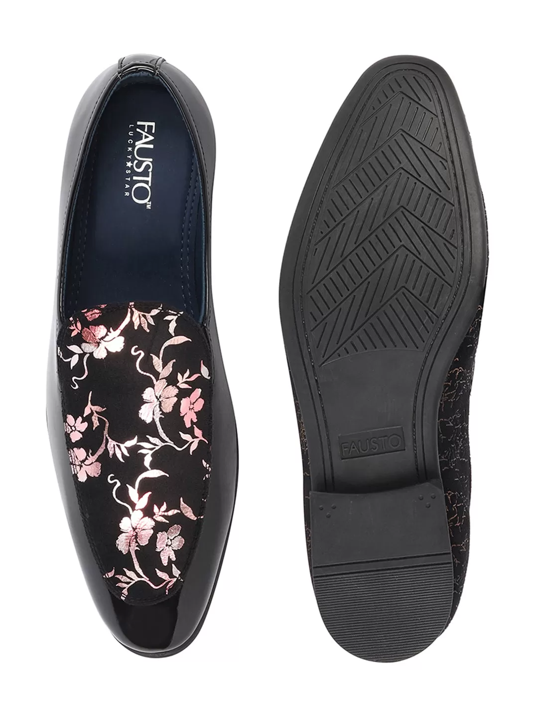 Men Black Party Wedding Velvet Floral Print Slip On Loafer Shoes