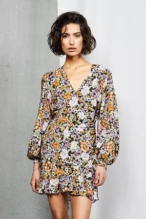 Miami London LS Black Yellow Floral Mini Dress