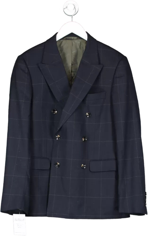 Moss Bros Blue Slim Fit Navy Black Check Suit UK M