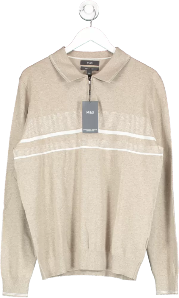 M&S Beige Cotton Rich Quarter Zip Top UK L