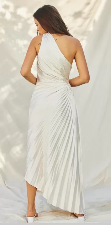 Odette Asymmetric One Shoulder Cut Out Pleated Dress in Pearl