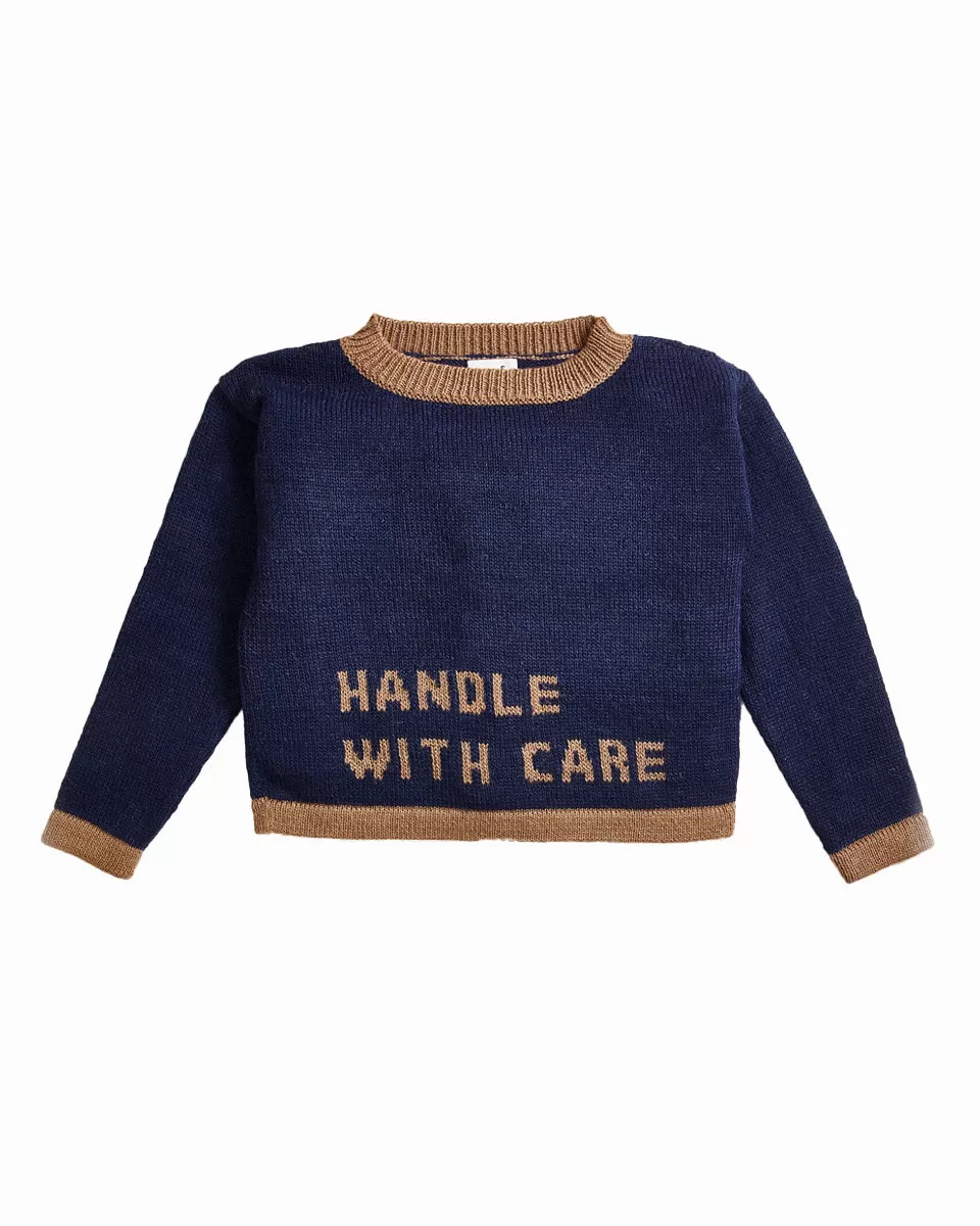 OEUF Handle With Care Intarsia Text Sweater in Indigo