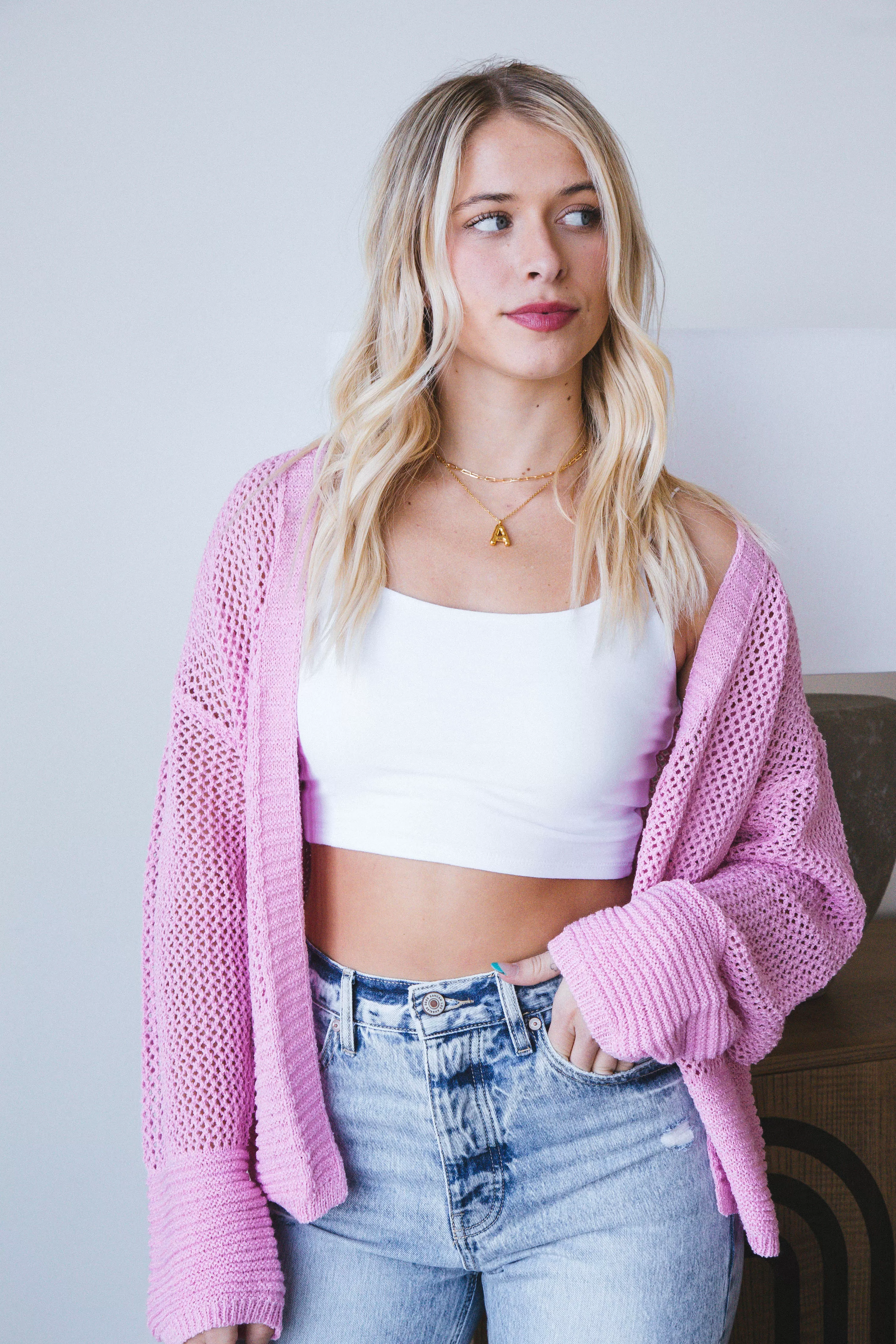 Peyton Open Knit Cardigan, Pink