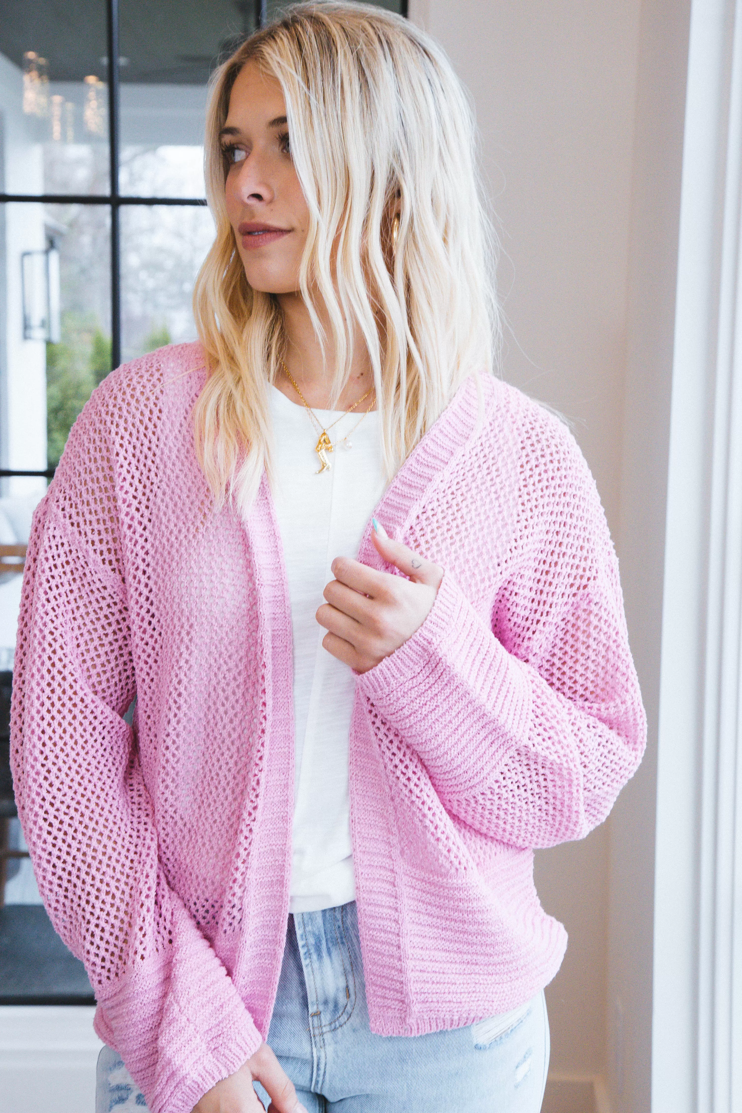 Peyton Open Knit Cardigan, Pink