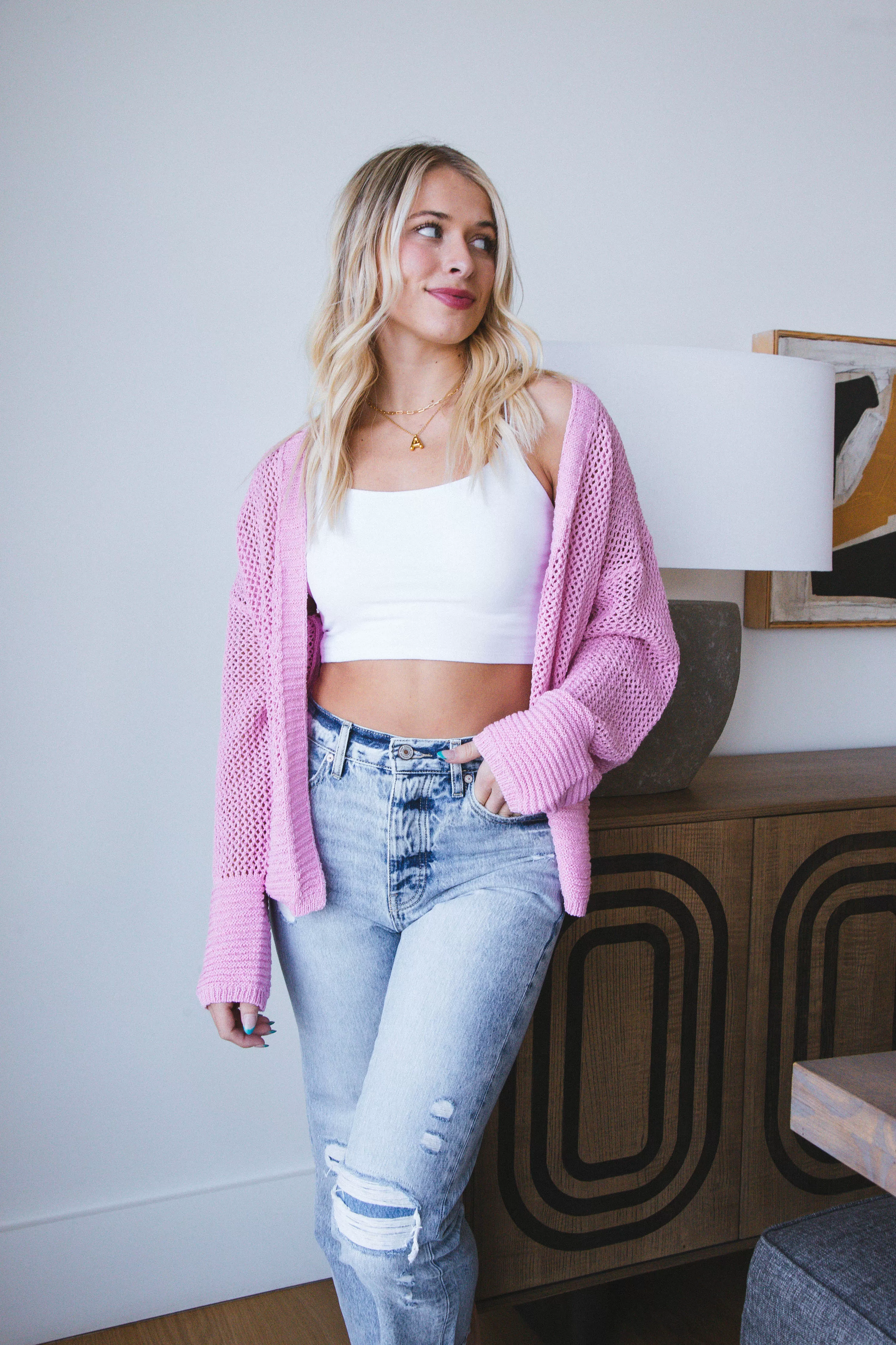 Peyton Open Knit Cardigan, Pink