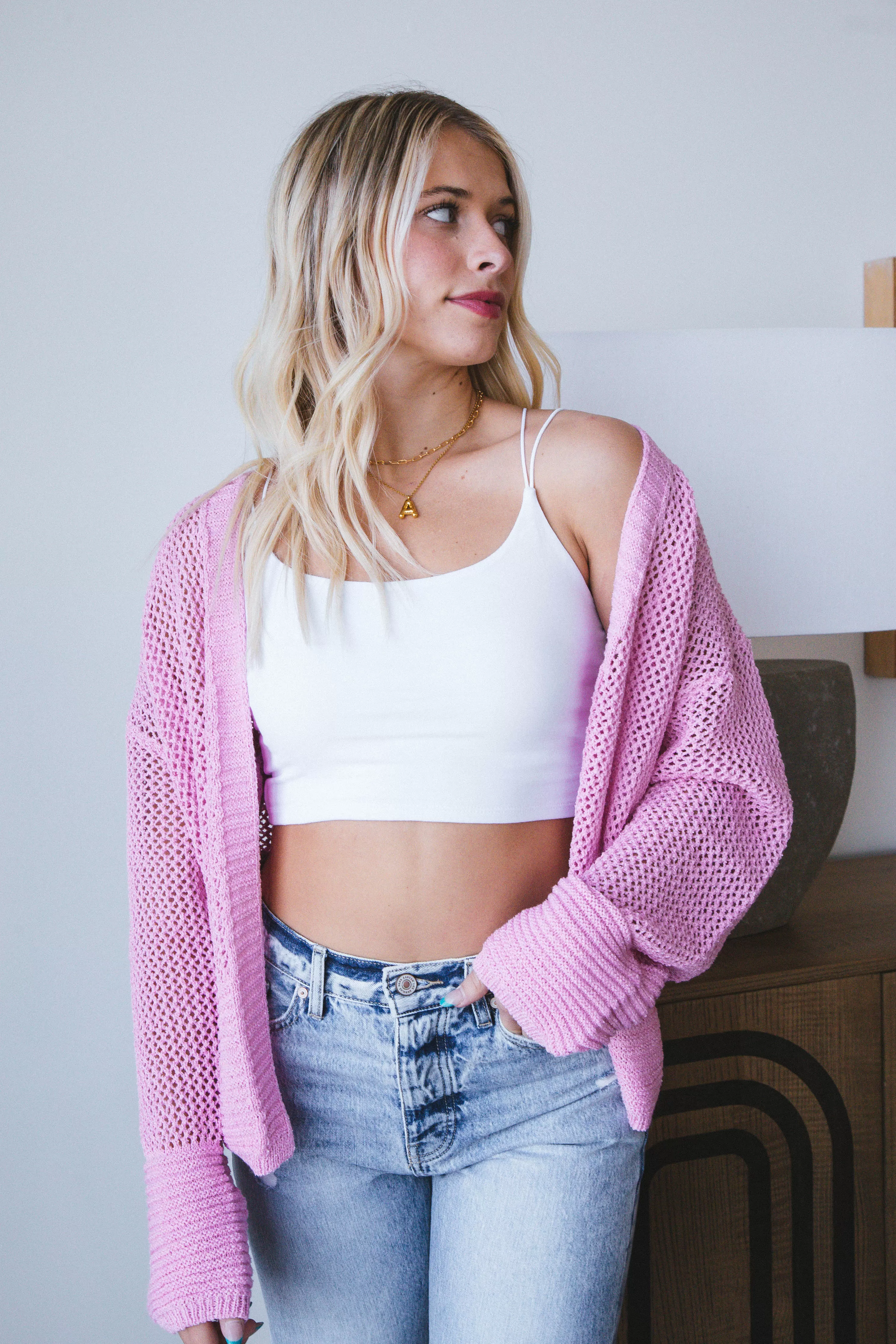 Peyton Open Knit Cardigan, Pink