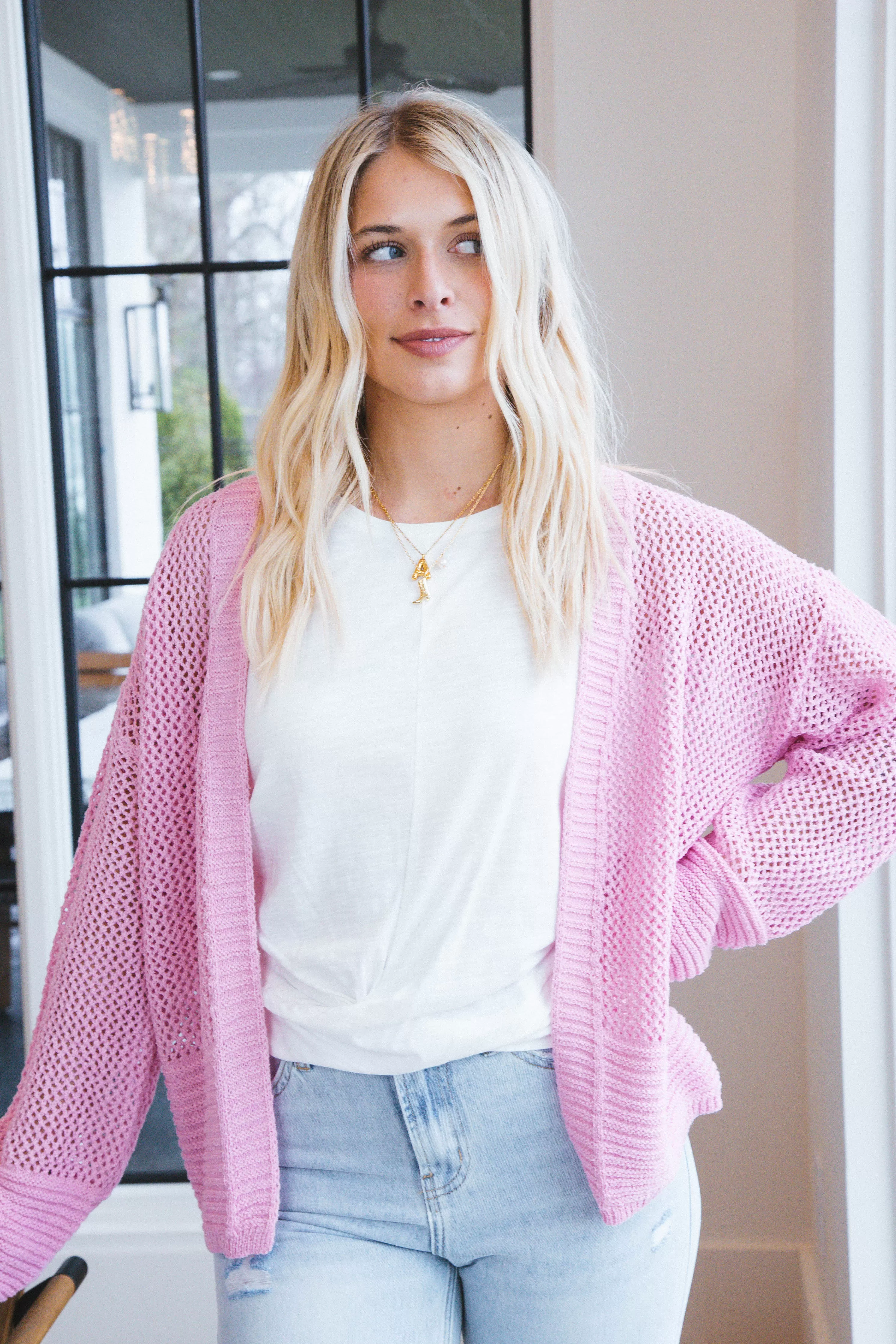 Peyton Open Knit Cardigan, Pink