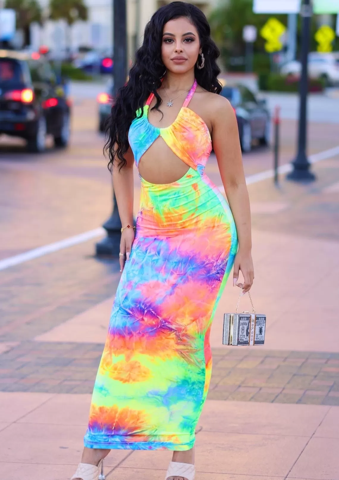 Phenice Tie Dye Key Hole Front Halter Neck Strap Tie Maxi Dress