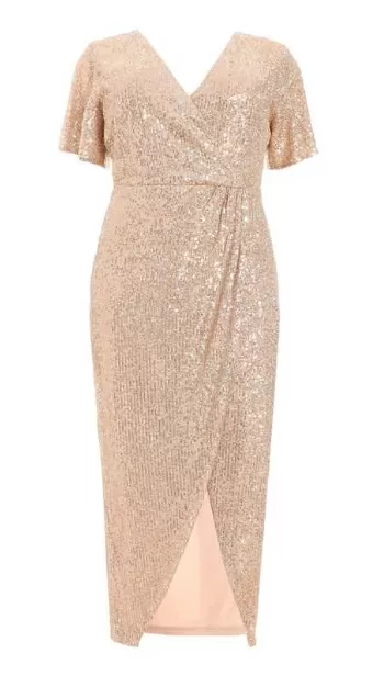 Pink Sequin Wrap Midi Dress