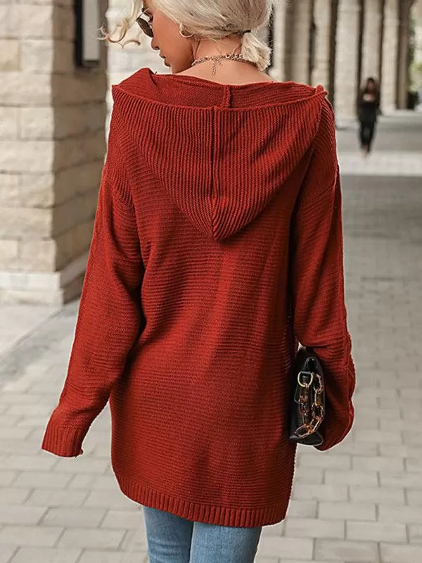 Red Hooded Women Cardigan Sweater