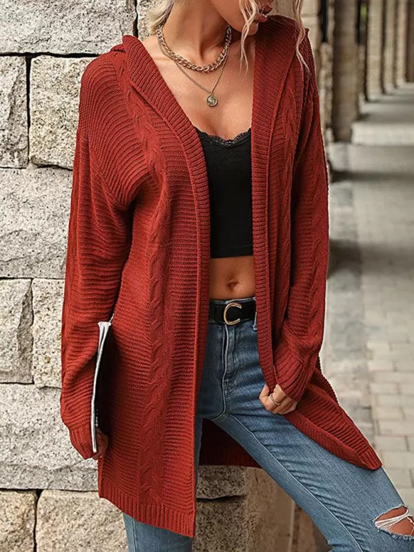 Red Hooded Women Cardigan Sweater