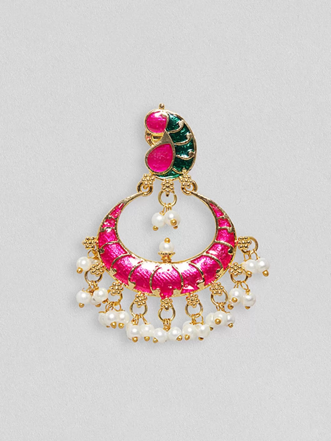 Rubans Gold Plated Pink And Green Enamelled Earrings With Peacock Design