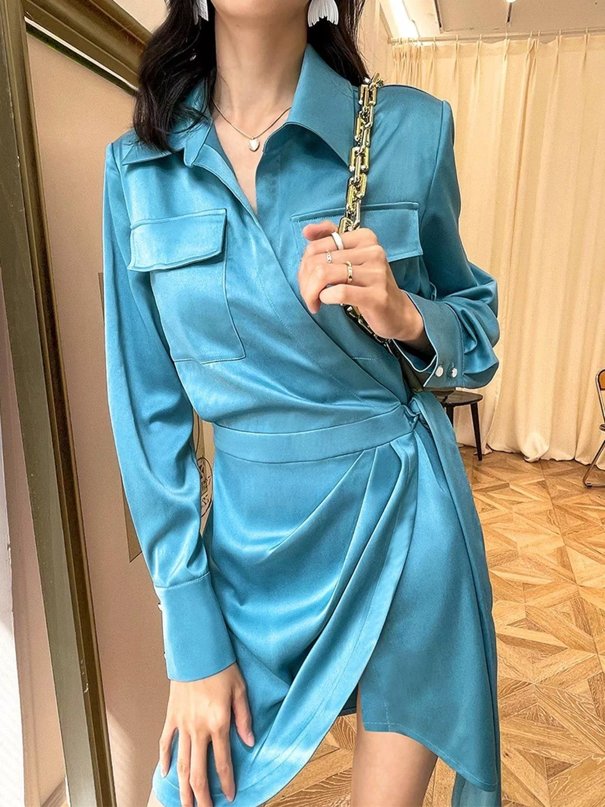 Satin Cocktail Belt Shirt Mini Dress