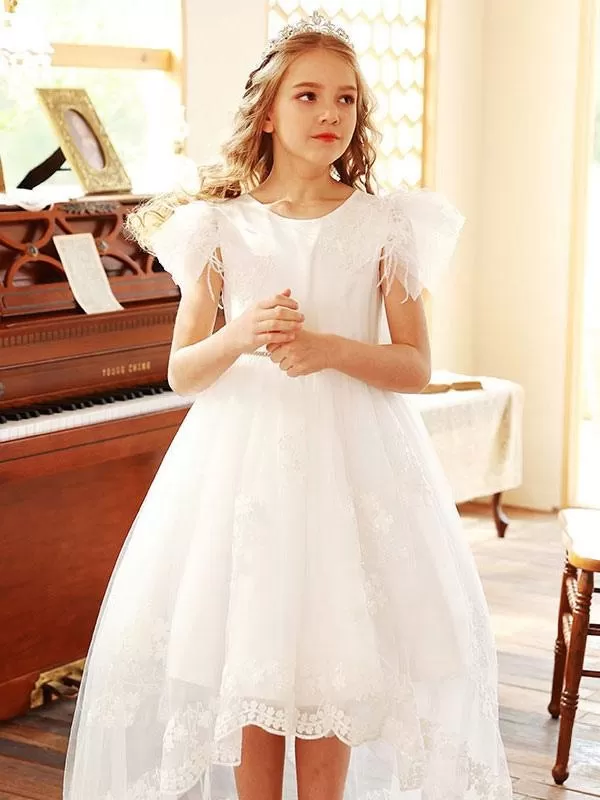 Short Sleeves Lace Flower Girl Dresses White Jewel Neck Formal Kids Pageant Dresses