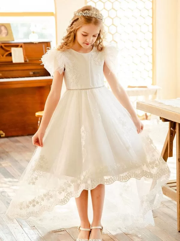 Short Sleeves Lace Flower Girl Dresses White Jewel Neck Formal Kids Pageant Dresses