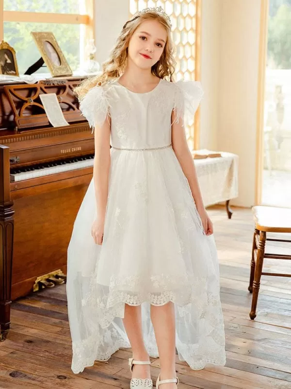 Short Sleeves Lace Flower Girl Dresses White Jewel Neck Formal Kids Pageant Dresses