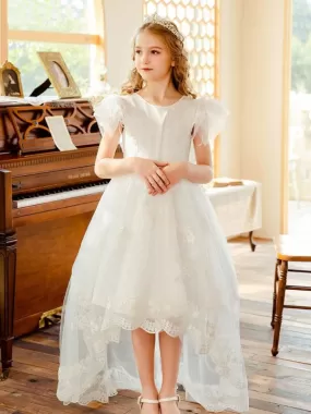 Short Sleeves Lace Flower Girl Dresses White Jewel Neck Formal Kids Pageant Dresses