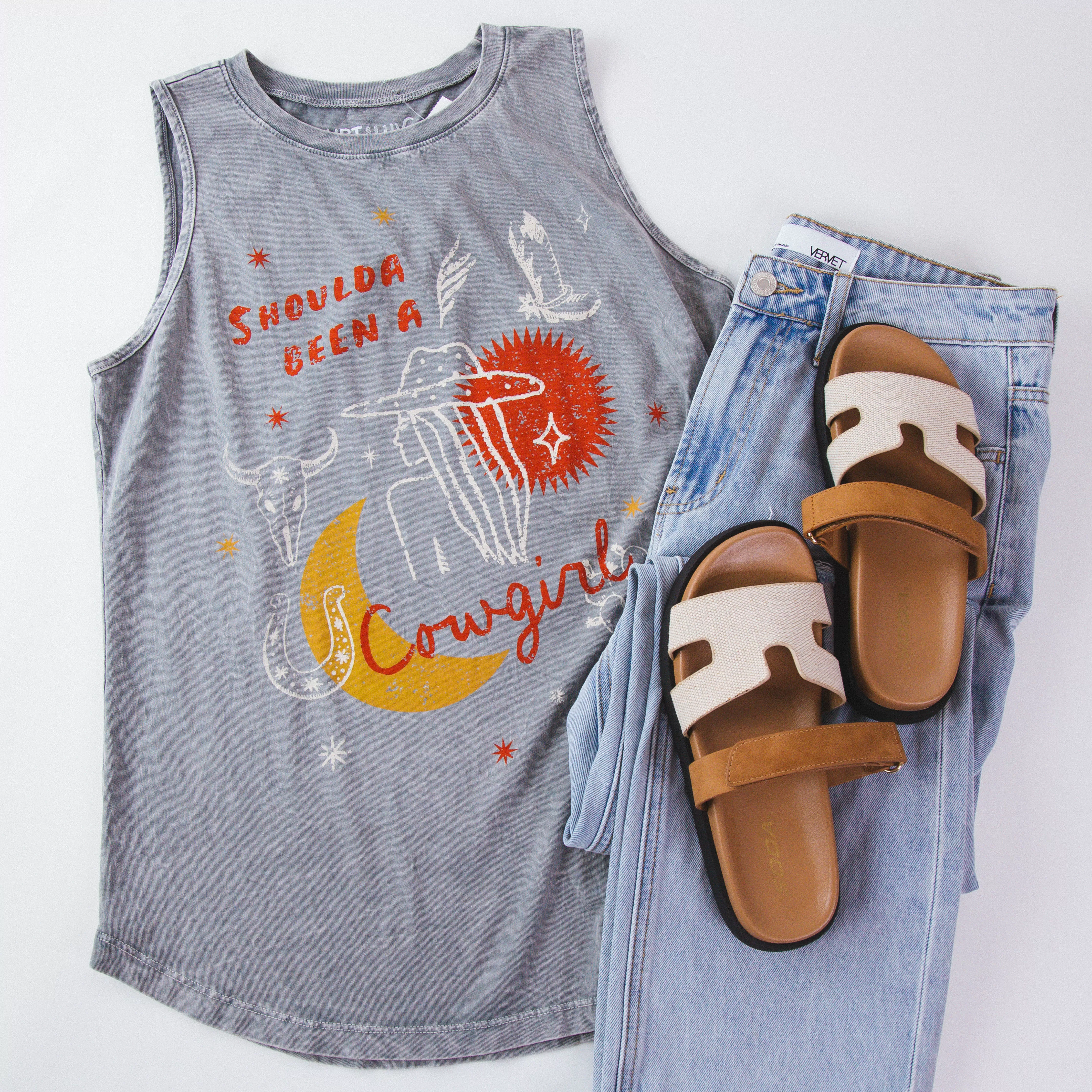 Shoulda Been a Cowgirl Graphic Tank, Mineral Gray