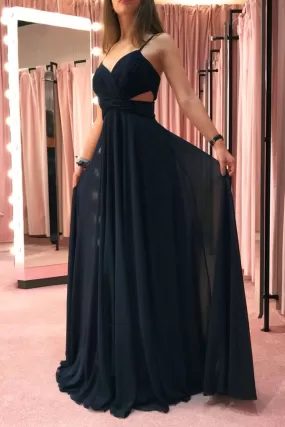 Simple Dark Blue Chiffon Long Prom Dresses Cut Out Sexy Evening Dresses