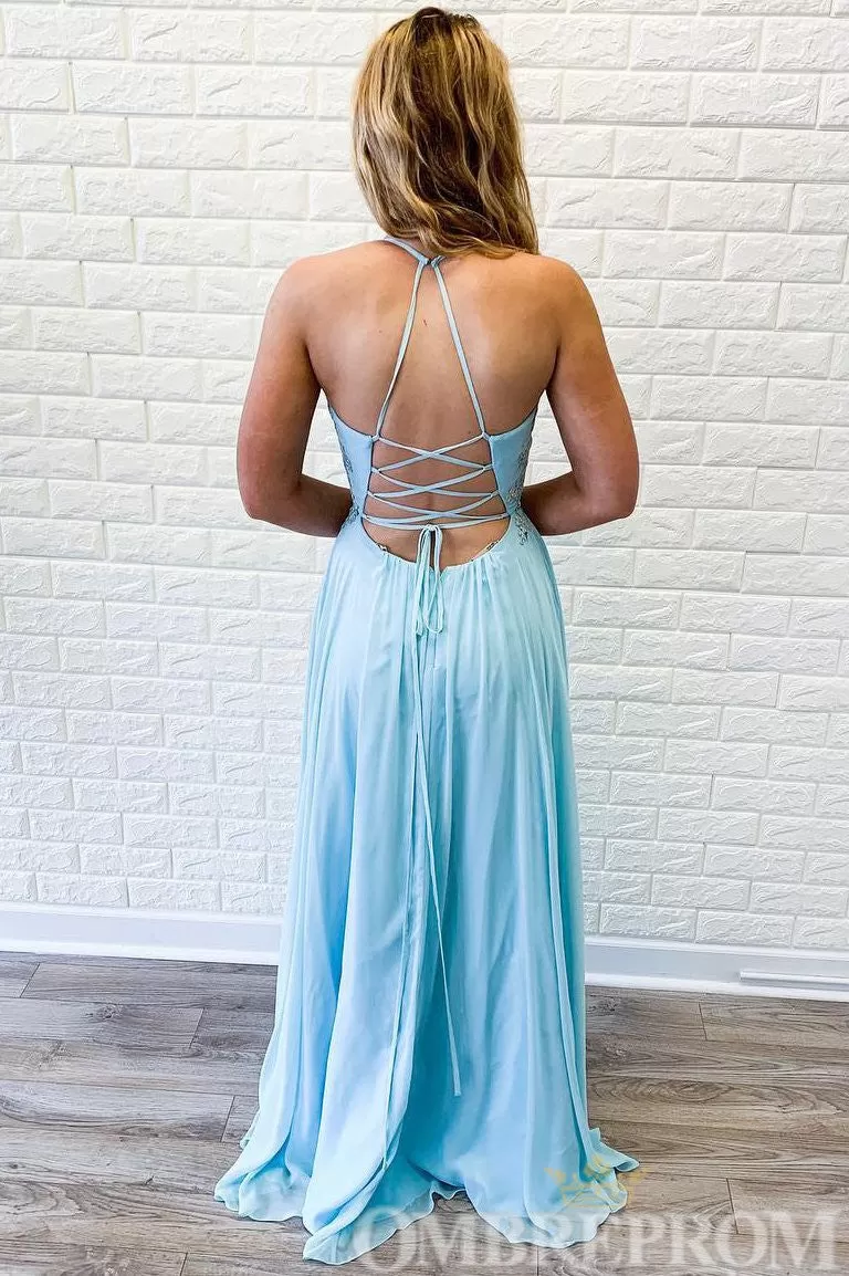 Sky Blue V Neck Lace Prom Dresses with Split Side Long Formal Dresses