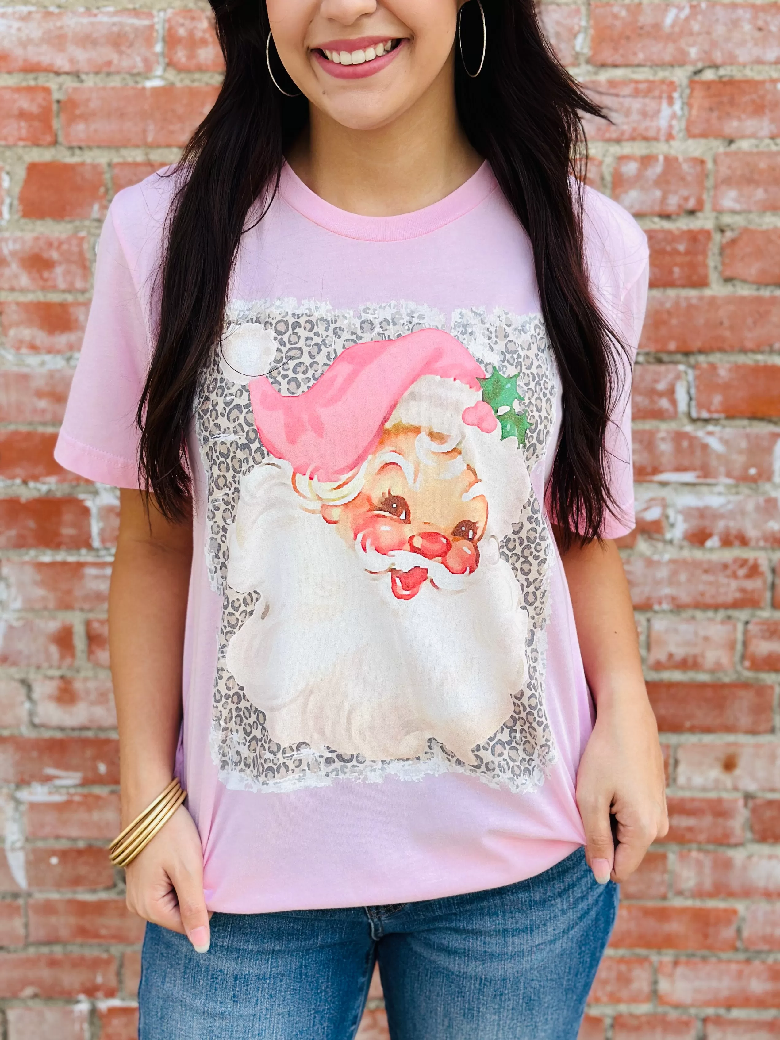 Soft Pink Leopard Santa Graphic Tee