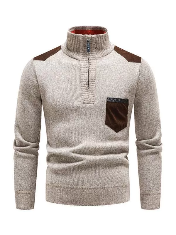 Stand-Up Collar Patchwork Zipper Men Turtleneck Sweater