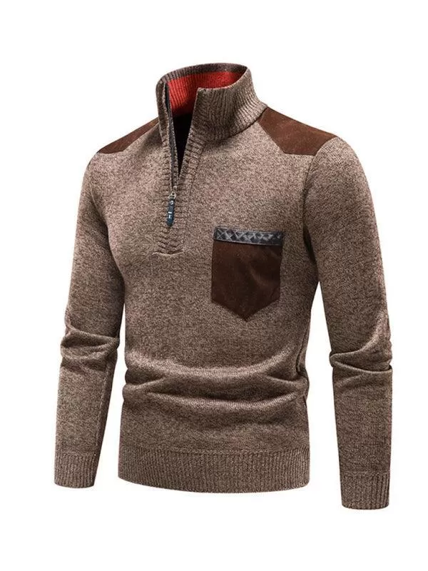 Stand-Up Collar Patchwork Zipper Men Turtleneck Sweater