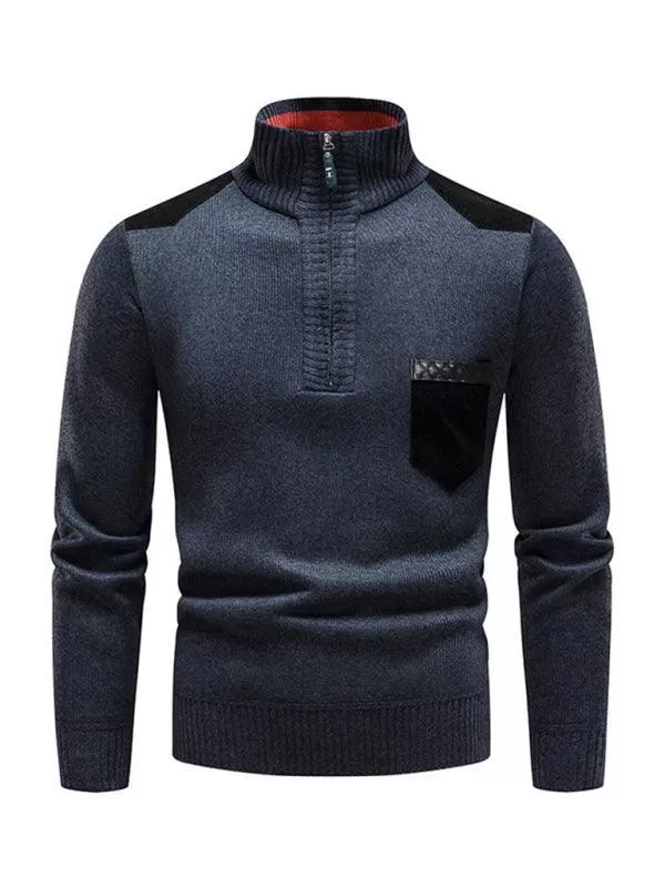 Stand-Up Collar Patchwork Zipper Men Turtleneck Sweater