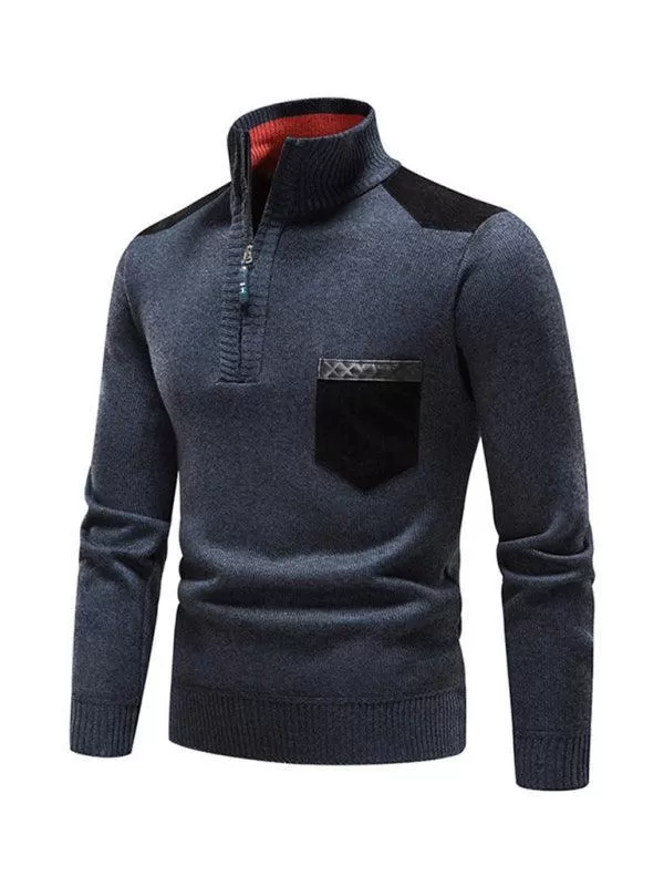 Stand-Up Collar Patchwork Zipper Men Turtleneck Sweater