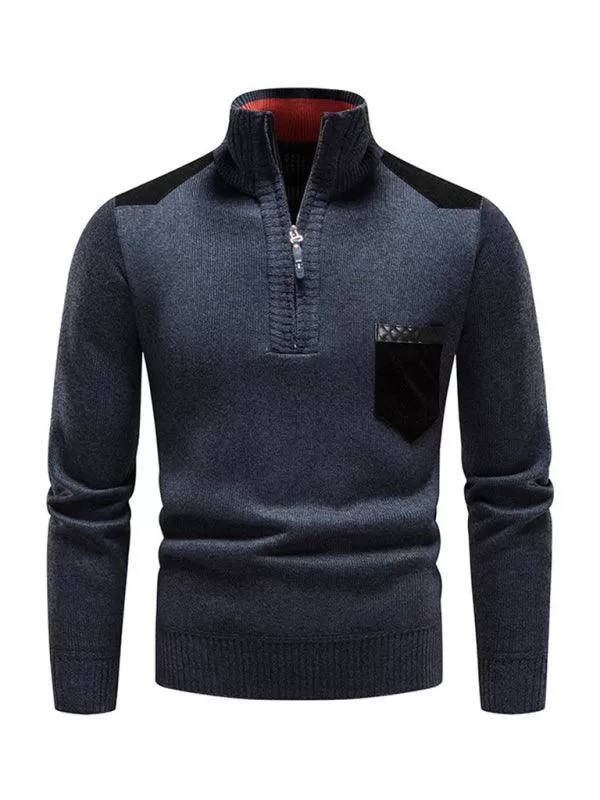 Stand-Up Collar Patchwork Zipper Men Turtleneck Sweater