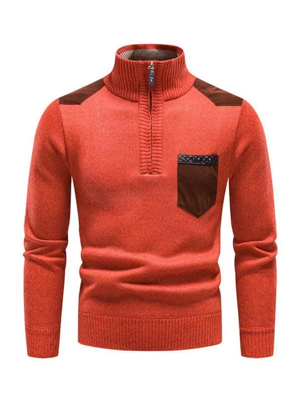 Stand-Up Collar Patchwork Zipper Men Turtleneck Sweater