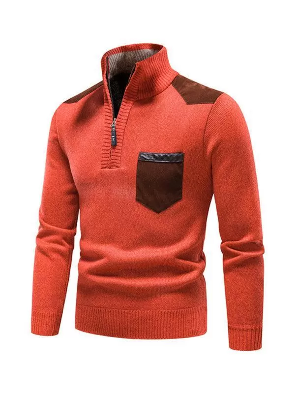 Stand-Up Collar Patchwork Zipper Men Turtleneck Sweater