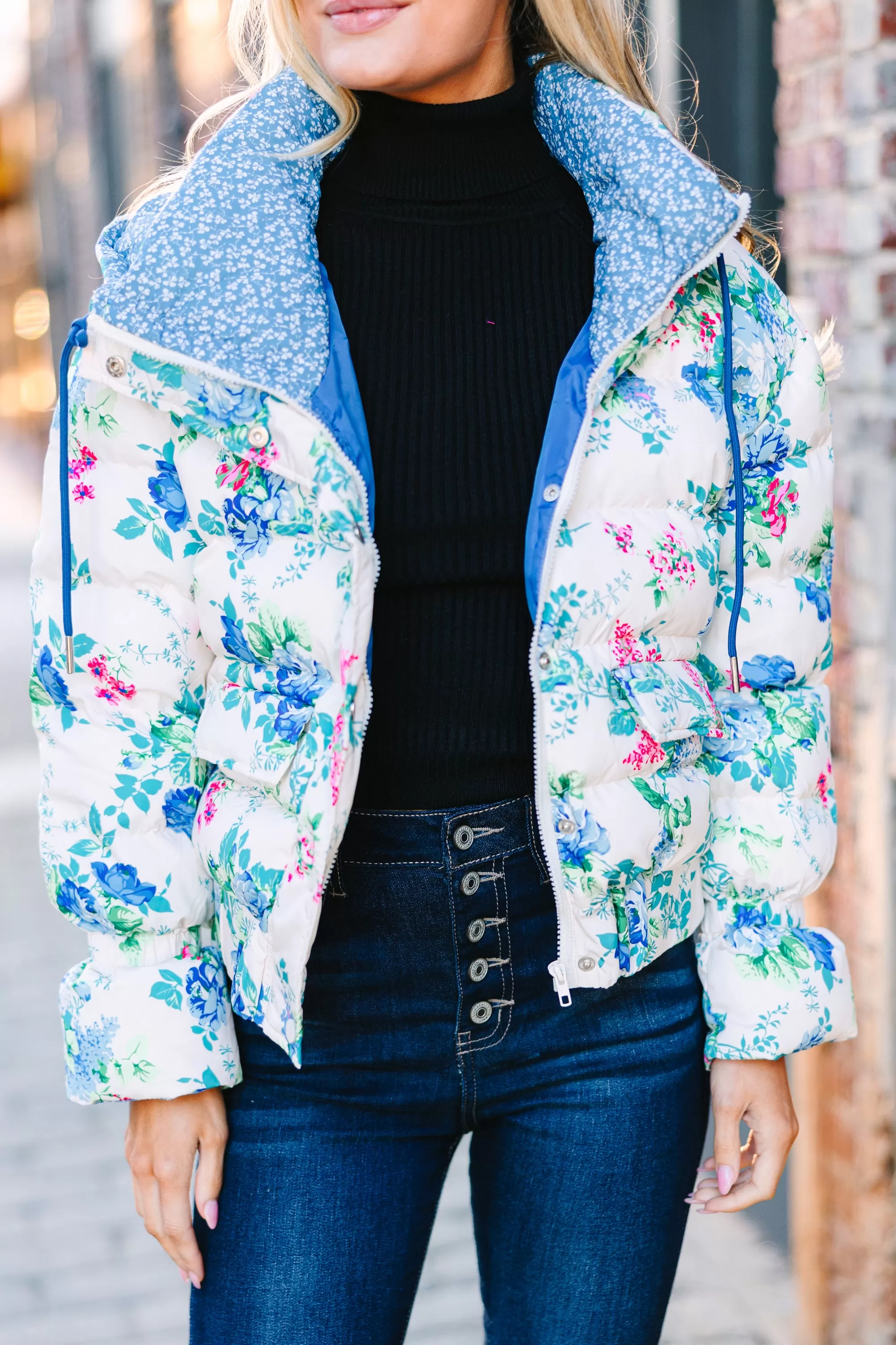 Take You Out Blue Floral Puffer Jacket