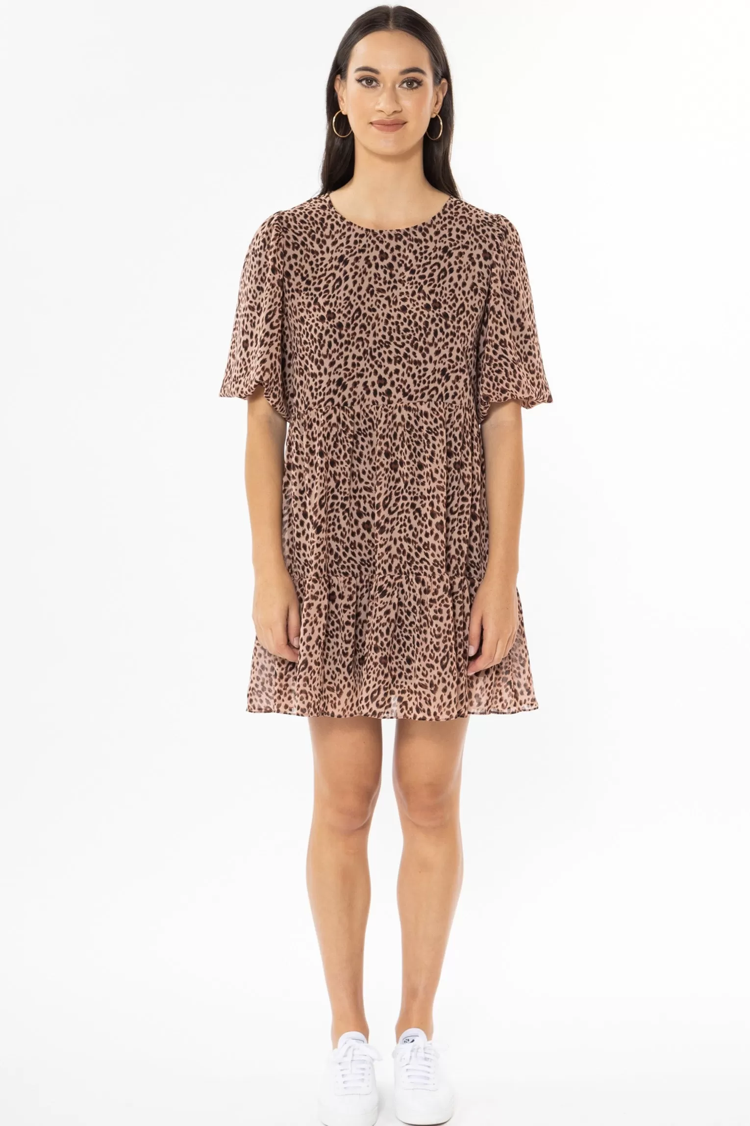 Thriving Peach Leopard Bubble Sleeve Smock Dress