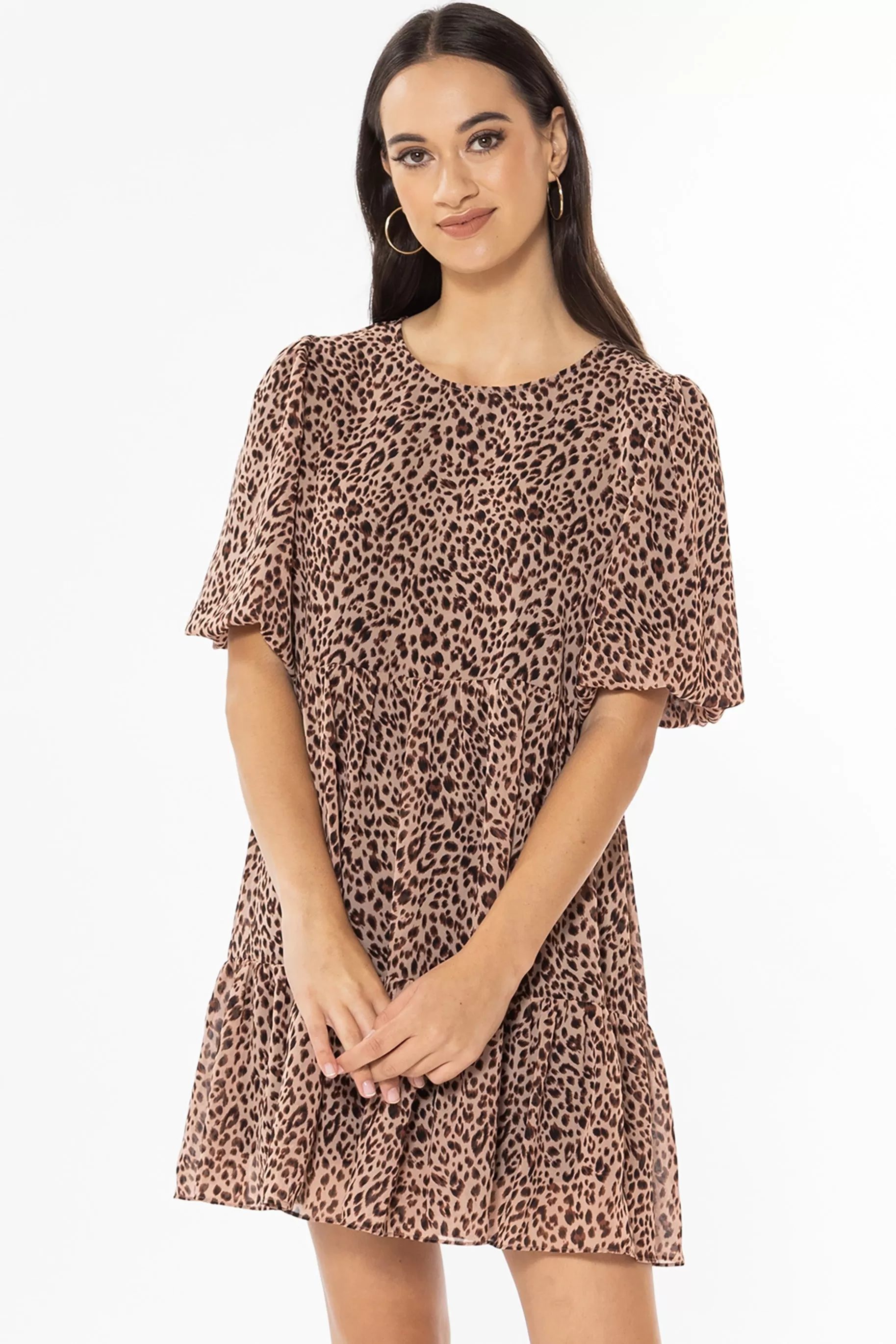 Thriving Peach Leopard Bubble Sleeve Smock Dress