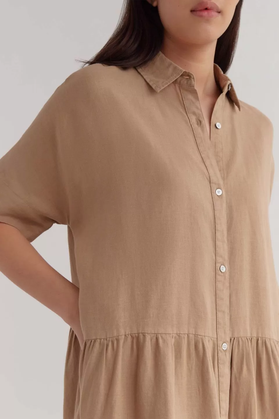 Tiered Camel SS Linen Maxi Shirt Dress