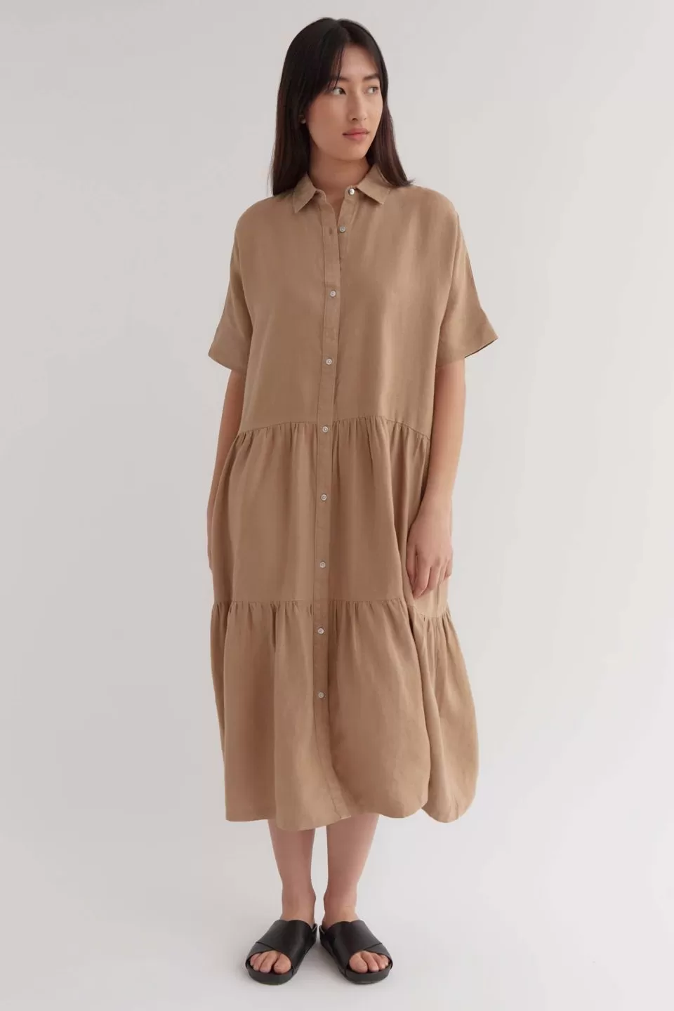 Tiered Camel SS Linen Maxi Shirt Dress