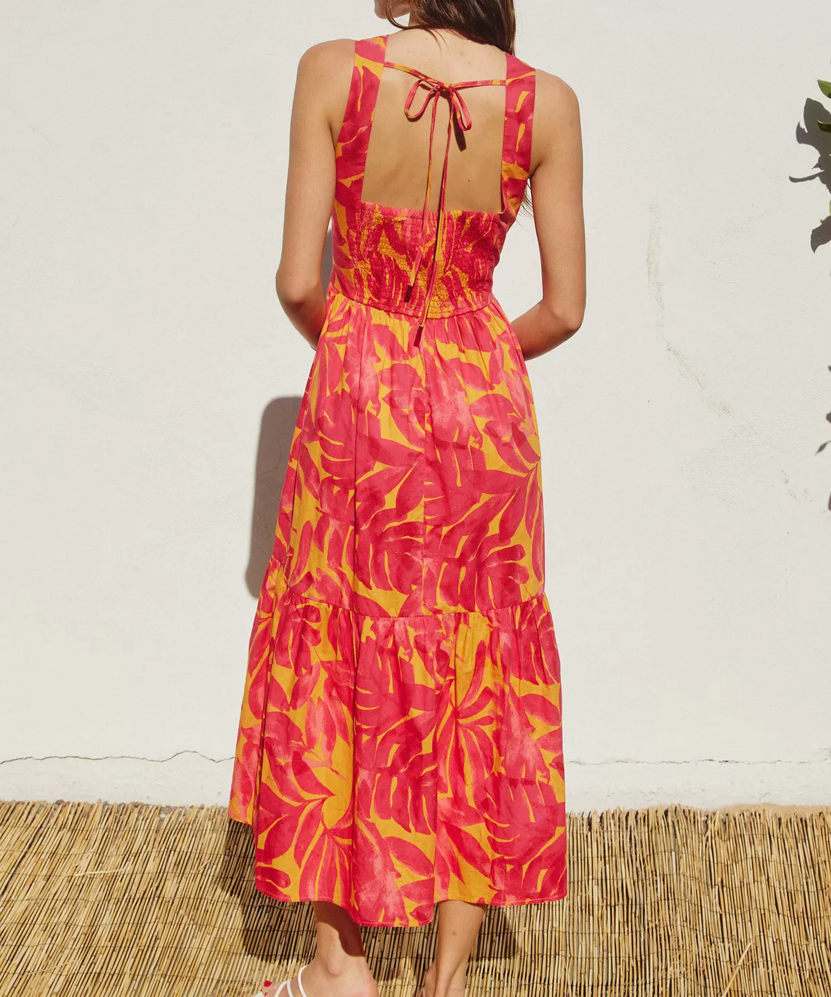 Tropical Print O Ring Cut Out Midi Dress - Sunset Fuchsia